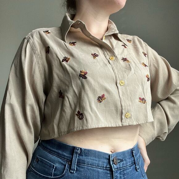 Vintage Cropped S. Classics Button Up Shirt with Fall Leaf Embroidery - Picture 1 of 8